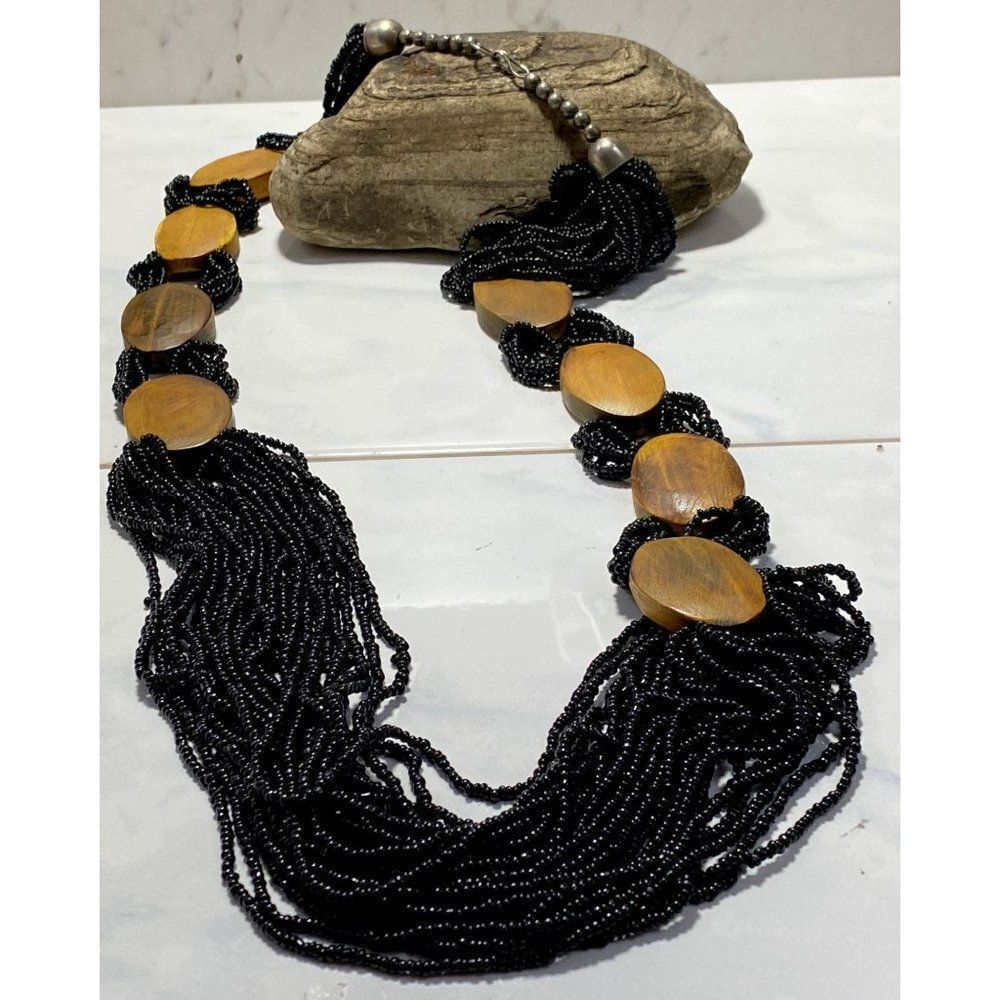 Multiple Strand Black Seed Bead Statement Necklace Oval Wood Beads 36" Length